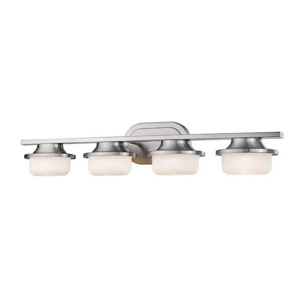Unbranded Optum 30 in. 4-Light Brushed Nickel Integrated LED Shaded Vanity Light with Matte Opal Glass Shade