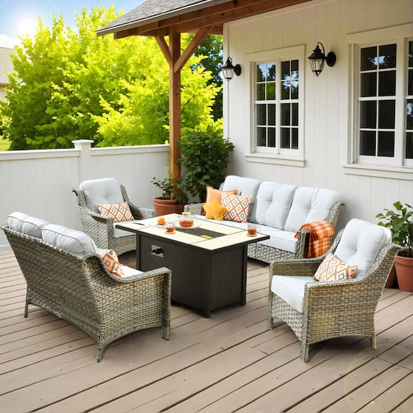 HOOOWOOO Verona 5-Piece Wicker Modern Outdoor Patio Fire Pit Furniture Conversation Sofa Loveseat Set with Light Grey Cushions