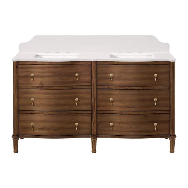 Guildhall 61 in. Double Sink Freestanding Bathroom Vanity in Warm Walnut with White Quartz Top (Assembled)