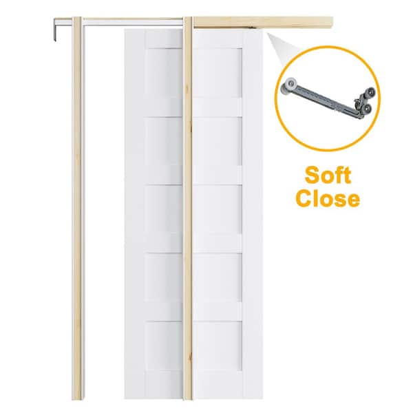 ARK DESIGN 32 in. x 80 in. White Primed 5-Paneled Solid Core Wood Pocket Door with Pocket Door Frame, Hardware and Soft Close