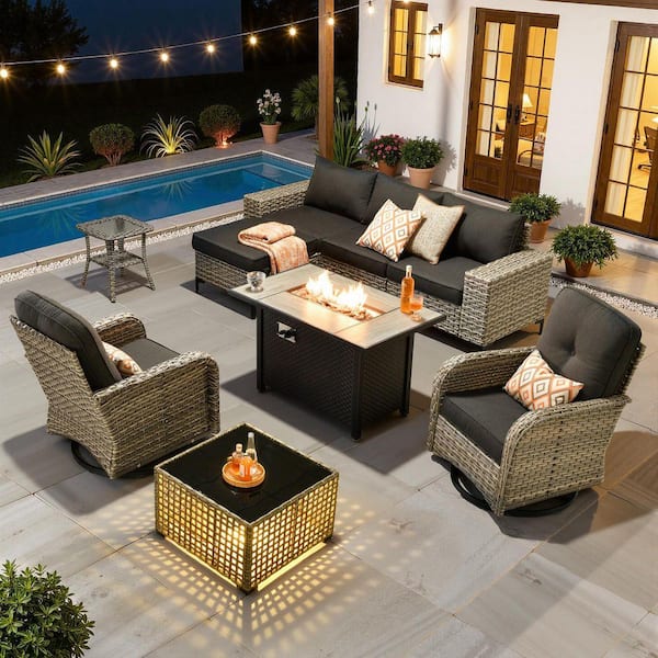 Verano 9-Piece Wicker Outdoor Patio Conversation Sofa Swivel Chairs Set with Metal Fire Pit and Black Cushions