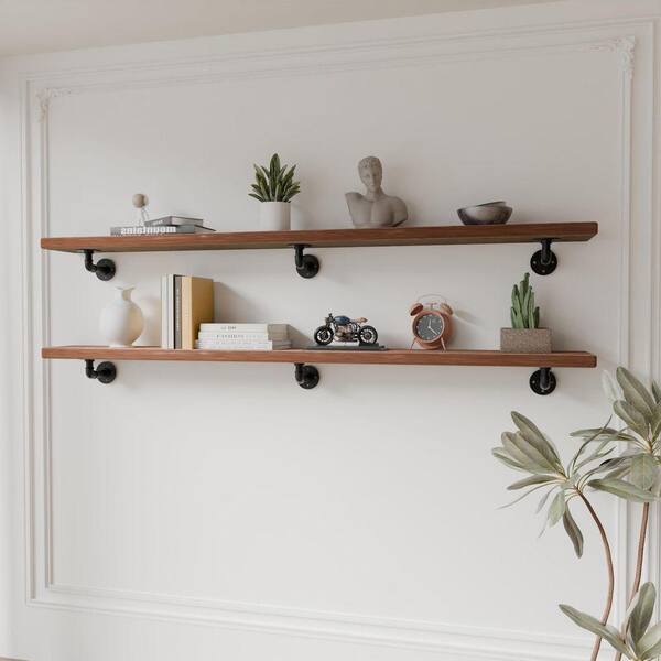 Industrial Series 60in W x 8in D Brown Wood 2-Tier Decorative Wall