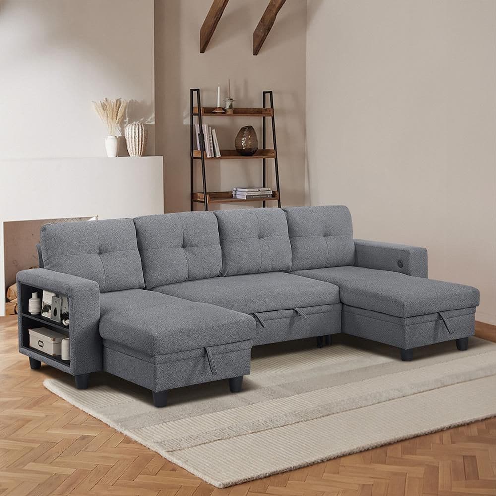 Celylon 102 in. Straight Arm Boucle Fabric Sectional Sofa in Gray with 2-Chaises, Pull-Out Bed and Shelves price history on PriceWatchPro