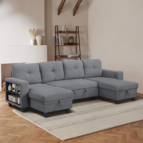 Celylon 102 in. Straight Arm Boucle Fabric Sectional Sofa in Gray with 2-Chaises, Pull-Out Bed and Shelves