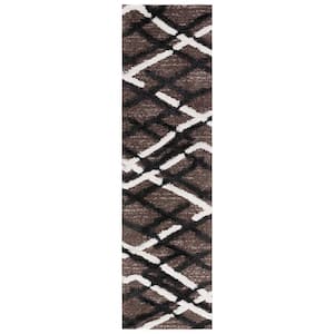 Hi-Lo Shag Brown/Ivory Charcoal 2 ft. x 8 ft. Solid Color Striped Runner Rug