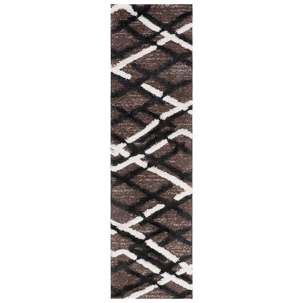 SAFAVIEH Hi-Lo Shag Brown/Ivory Charcoal 2 ft. x 8 ft. Solid Color Striped Runner Rug