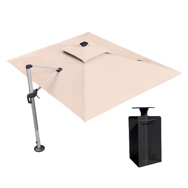 PURPLE LEAF 9 ft. x 12 ft. Aluminum Solar Powered LED Patio Cantilever Offset Umbrella with Base in Ground, Beige