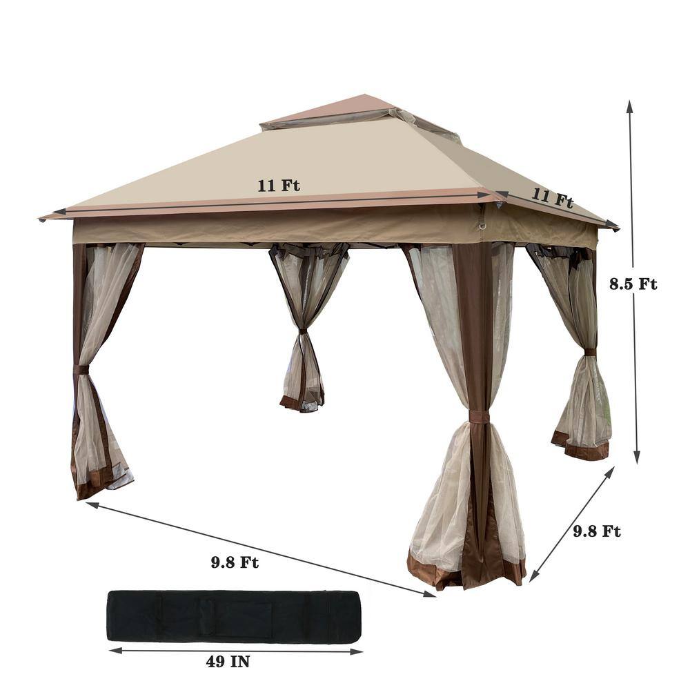 11x11 ft Brown Metal Patio Gazebo with Netting and 2-Tier Roof