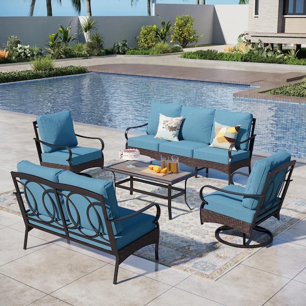 PHI VILLA Rattan 5-Piece 7 Seat Steel Outdoor Patio Conversation Set with Denim Blue Cushions, Swivel Sofas and Wood-Grain Table