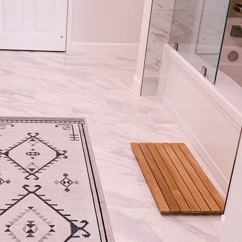 Natural Teak Wood Slatted Shower Mat, 34" x 16"