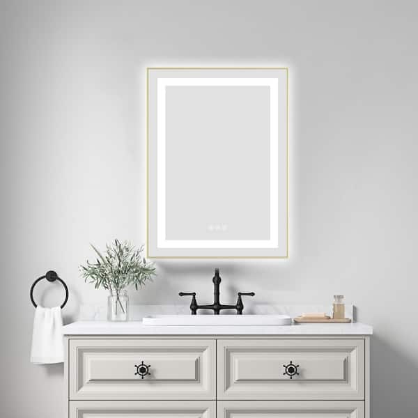 Brushed Gold 24.00 in. W x 30.00 in. H LED Modern Rectangle Aluminium Framed Wall Mirror