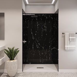 48 in. x 34 in. x 84 in. Alcove Solid Composite Stone Shower Kit-Dark Shower Walls Center WH Sand Shower Pan Base