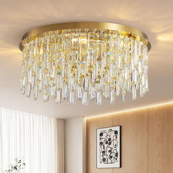 7-Light Gold Crystal Round Flush Mount Chandelier with Modern Luxury for Dining Room, Living Room, Bedroom, or Entryway