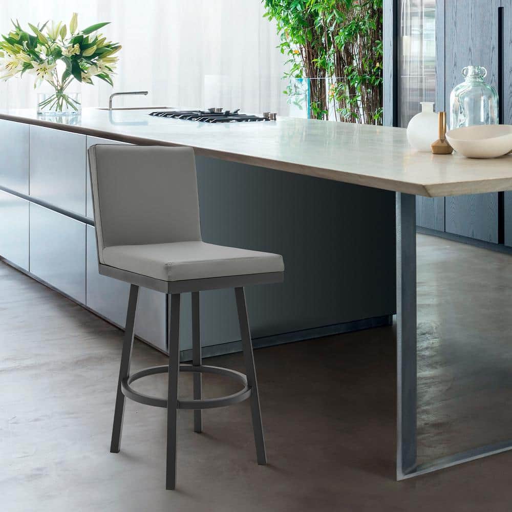 Rochester Geometric Swivel Counter Stool in Black Metal & Gray Leather