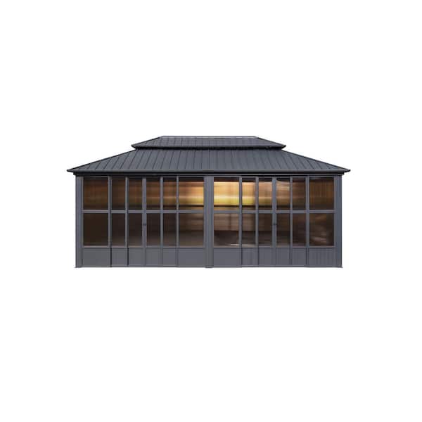 12 ft. x 20 ft. Sunroom Hardtop Gazebo Solarium Galvanized Steel Double Roof Aluminum Screen House Patio Backyard Gray