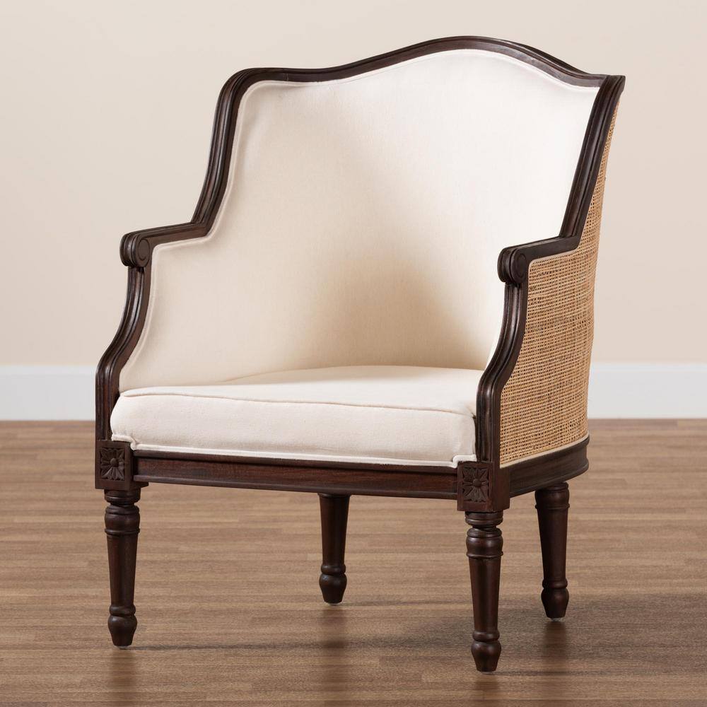 Beige and Dark Brown Carved Wood Accent Chair with Woven Rattan