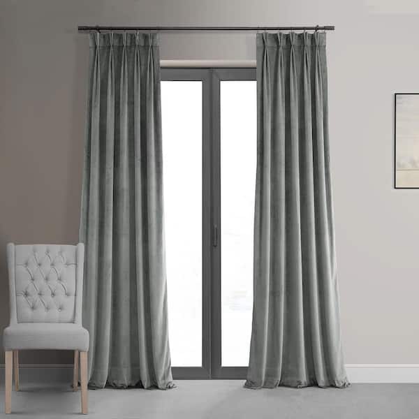 Exclusive Fabrics & Furnishings Silver Grey Velvet Pinch Pleat Blackout Curtain - 25 in. W x 108 in. L (1 Panel)