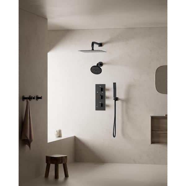Thermostatic 5-Spray 12 x 6 in. Wall Mount Dual Shower Head and Handheld Shower in Matte Black (Valve Included)
