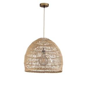Aura 1-Light Large Airy Rattan Pendant Light With Natural Handmade Shade in Brass Finish Boho Ceiling Light Fixture