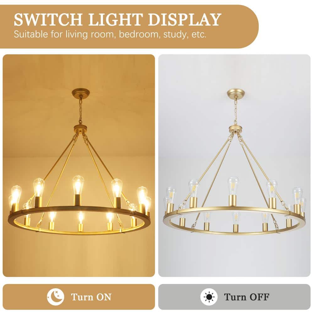 Spray Gold 12-Light Candle Style Wagon Wheel Chandelier