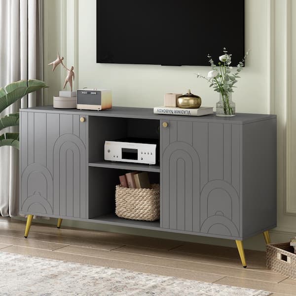 Polibi Gray TV Stand Fits TV's up to 55 in. with Adjustable Shelf, Metal Legs, Handles and Anti-Tip Device
