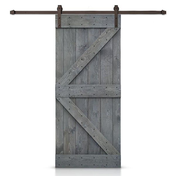 CALHOME K Series 48 in. x 84 in. Gray Stained DIY Knotty Pine Wood Interior Sliding Barn Door with Hardware Kit
