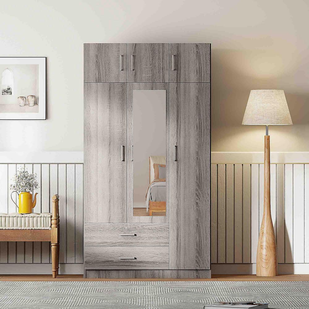 Gray Particle Board Wood 41.3 in. Wardrobe with 3-Door Mirror, 2 Drawers and Top Cabinet