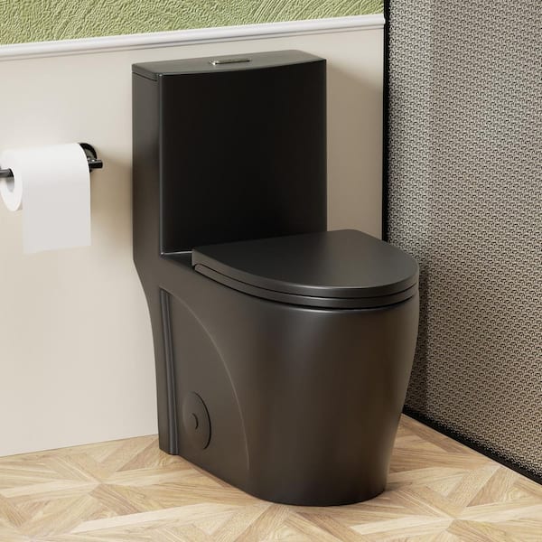1-Piece 1.1/1.6 GPF Dual Flush Elongated Bowl Toilet in Matte Black Soft Close Seat Included