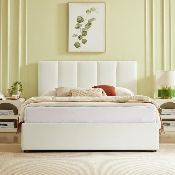 59.84 in. W White Non-Upholstered Metal Frame Queen European Style Headboard Canopy Bed