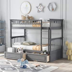 Gray Twin Size Wood Bunk Bed with 2-Drawers
