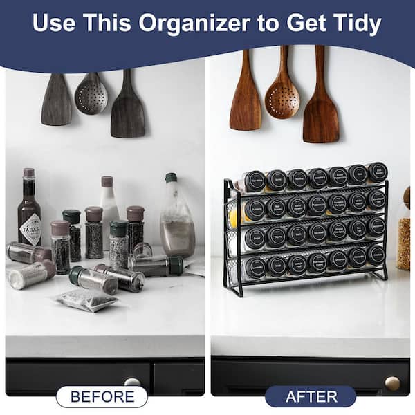 4-Shelf Spice Rack Organizer with 28 Empty Spice Jars, Lids, Funnel, Spice Labels for Countertop, Kitchen, Pantry, Black