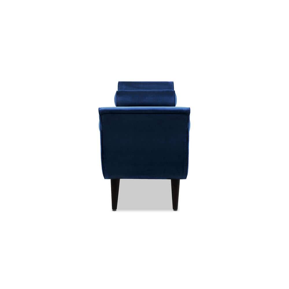 Navy Blue Velvet Mahogany Finish Mid-Century Bedroom Bench