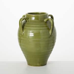 11.25 in. 4-Handled Green Vase, Ceramic