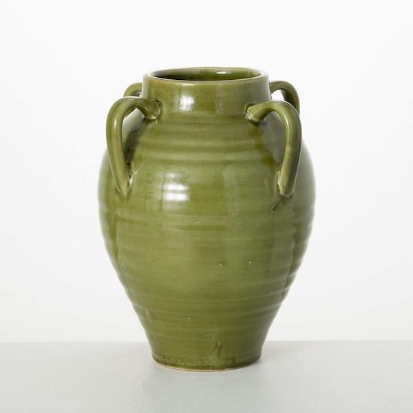 SULLIVANS 11.25 in. 4-Handled Green Vase, Ceramic