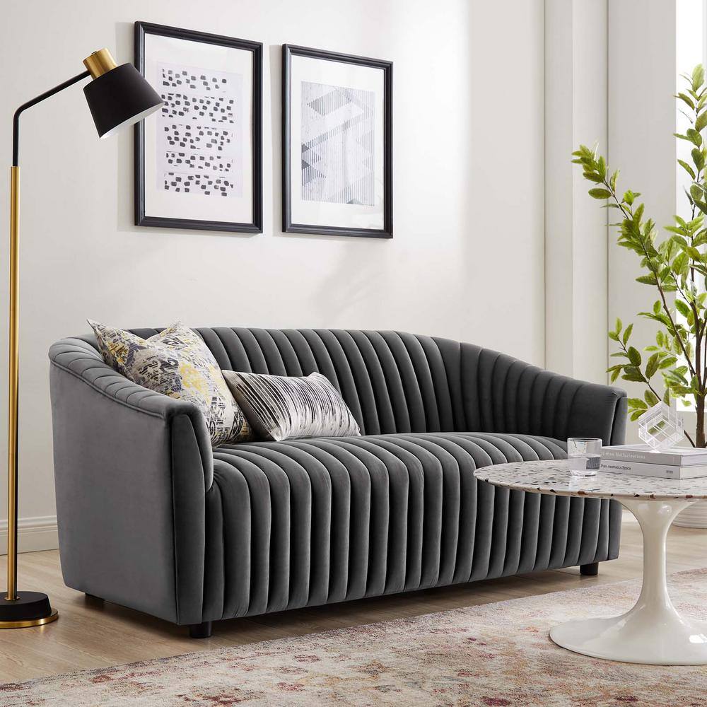 Charcoal Velvet Channel Tufted Loveseat with Dense Foam Padding