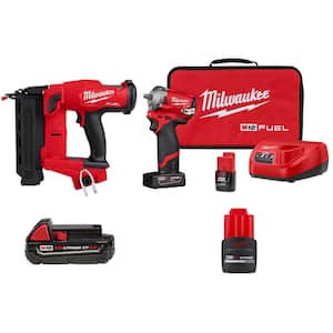 M18 FUEL 18-Gauge Cordless Brad Nailer,M18 2.0 Battery, M12 FUEL Stubby 3/8 in. Impact Wrench, 4.0 & One 2.0Ah Batteries