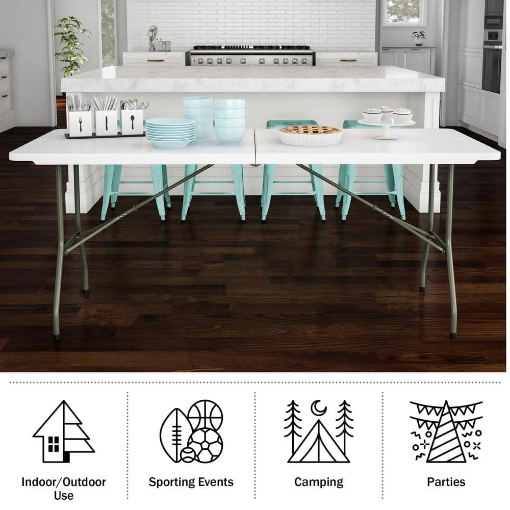 6-Foot White Plastic Folding Utility Table with Metal Frame