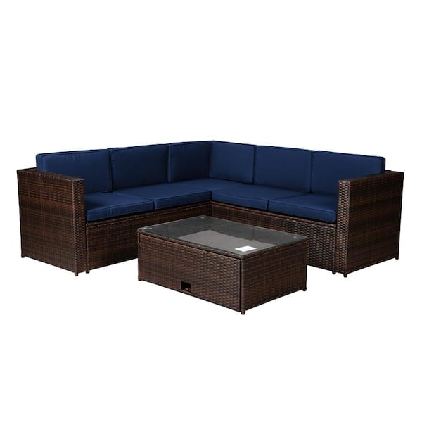 Unbranded Brown 4-Piece Wicker Patio Conversation Sectional Seating Set with Navy Cushions