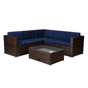 Brown 4-Piece Wicker Patio Conversation Sectional Seating Set with Navy Cushions