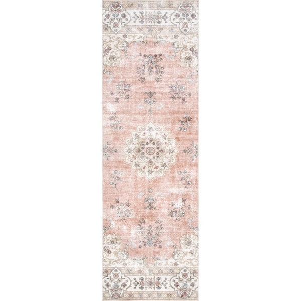 Ren Peach 3 ft. x 12 ft. Machine Washable Vintage Floral Indoor Runner Rug