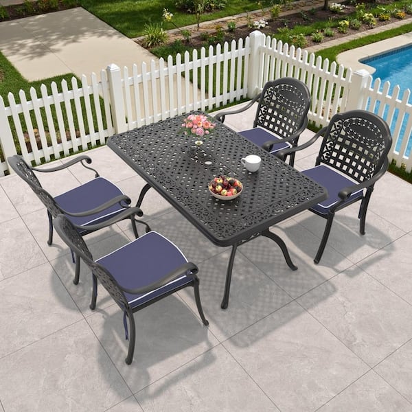 Isabella Black 5-Piece Cast Aluminum Outdoor Dining Set with Rectangle Table and Dining Chairs with Blue Cushion