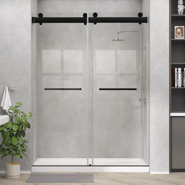 66 in. W x 79 in. H Frameless Double Sliding Shower Door in Matte Black With 3/8 in. Tempered Clear Glass and Soft-Close