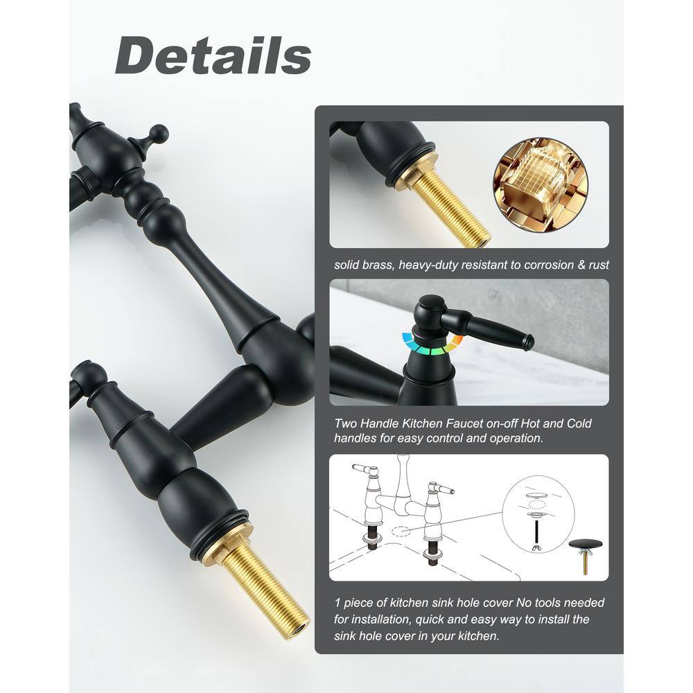 Matte Black Double Handle Bridge Kitchen Faucet with Swivel Spout