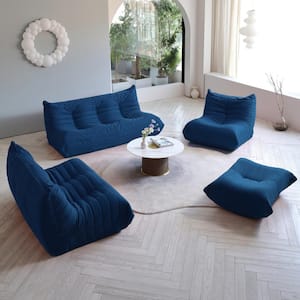 2-Piece Anti-Skip Bean Bag Teddy Velvet Top Thick Seat Living Room Lazy Sofa in Blue (1-Seater plus Ottoman)