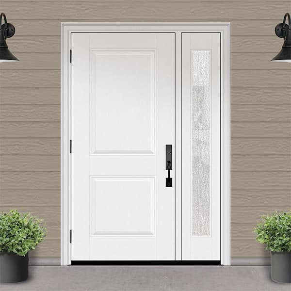 Regency 53 in. x 80 in. 2P Squaretop RHOS Unfinished White Mahogany Fiberglass Prehung Front Door w/Rain 14in. SL 4-9/16