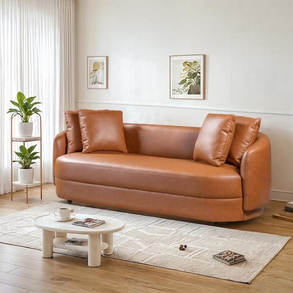 Juno 85 in. Round Arm Leather Curved Sofa in Cognac