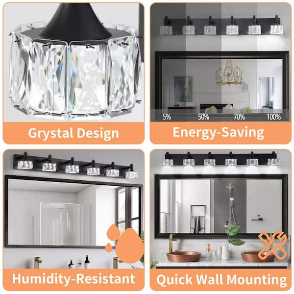 44 in. 6-Light Matte Black LED Vanity Light Bar with Crystal Glass Shades, Bathroom Wall Sconce