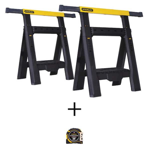 Stanley 31 in. 2-Way Adjustable Plastic Folding Sawhorse (2 Pack) and FATMAX 25 ft. x 1-1/4 in. Auto Lock Tape Measure