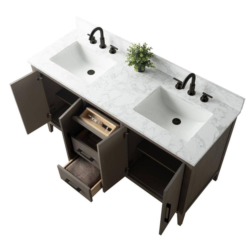 Driftwood Gray 60" Double Sink Bathroom Vanity with Marble Countertop