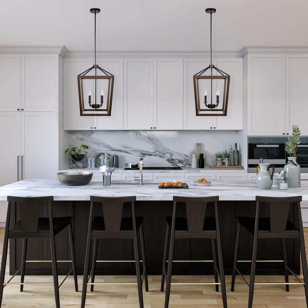 Matte Black and Faux Wood 4-Light Pendant